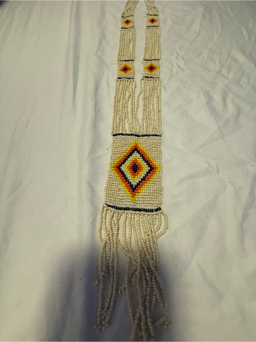 Handmade Beaded Necklace with Diamond Motif in Cream, Yellow & Orange